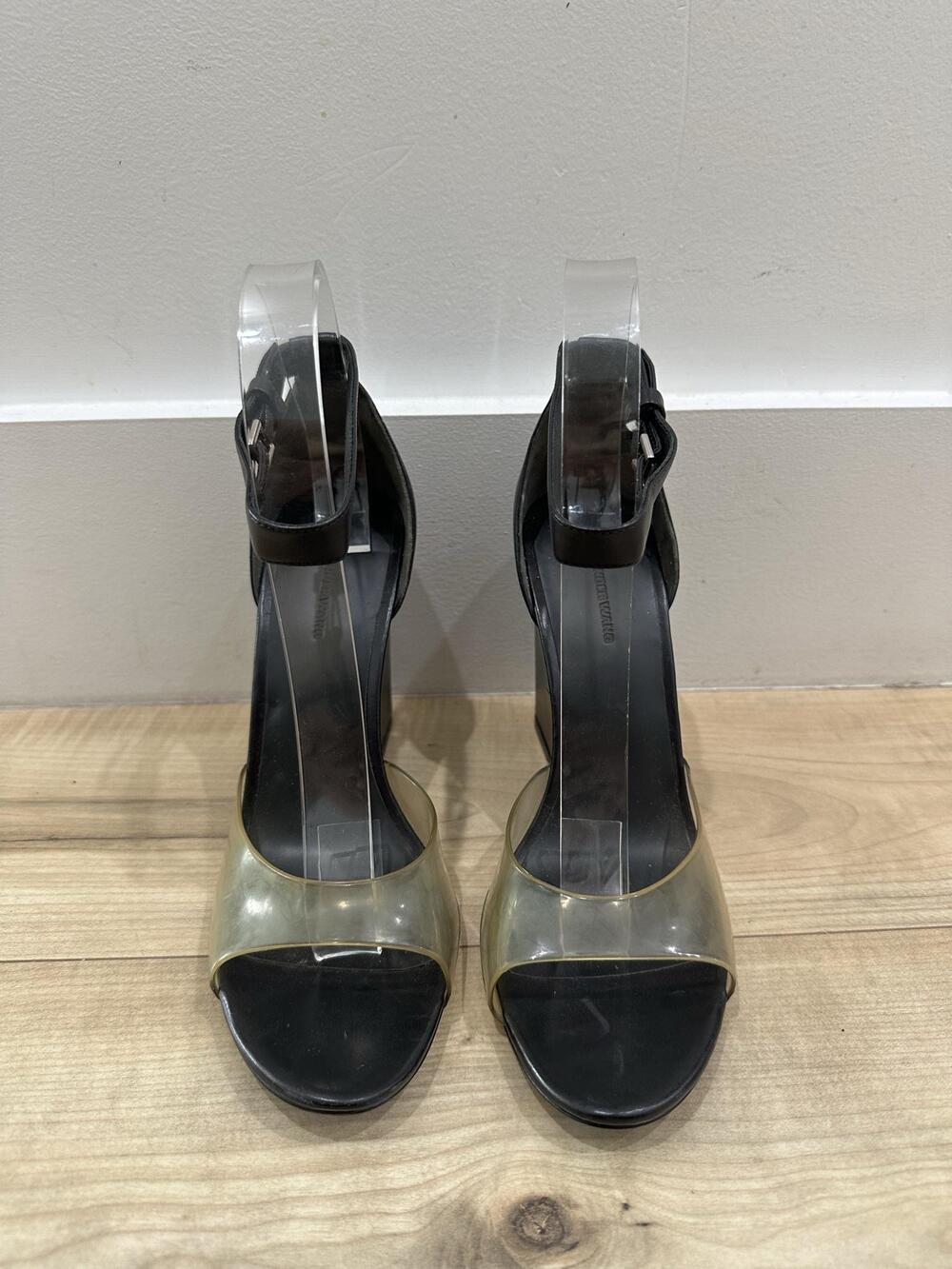 Alexander Wang Sandals Womens Size 9 Black Clear Ankle Strap Leather Wedge Heel